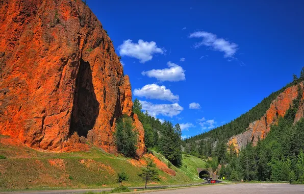 Road, the sky, mountains, rocks, the tunnel, car
