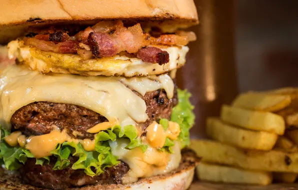 Bread, table, hamburger, french fries