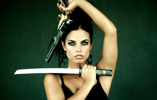 Picture girl, protection, revolver, tanto, Hot girl, gun sword