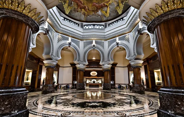 Picture interior, columns, marble, arch, the hotel, painting, the ceiling.