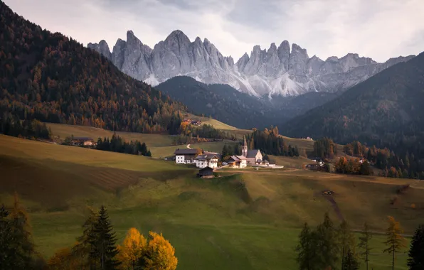 Picture autumn, landscape, mountains, nature, home, village, Italy, Church