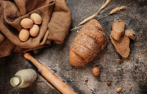 Wheat, food, eggs, milk, bread, nuts, bag, cakes