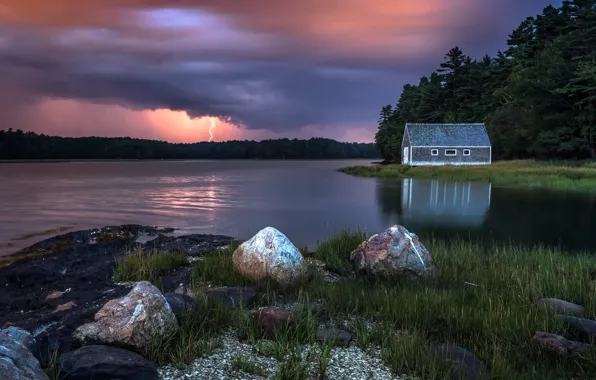 Picture night, nature, lake, house