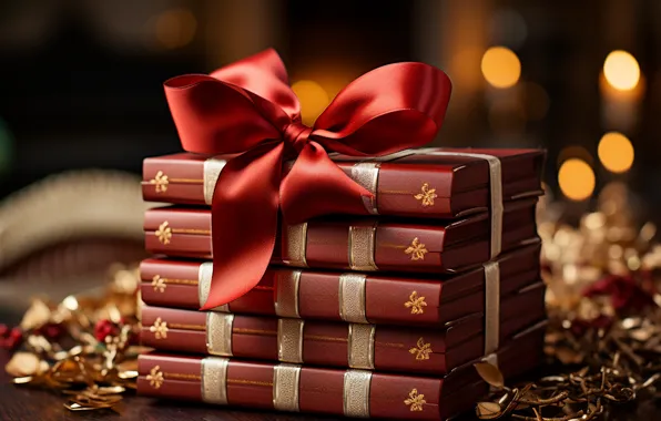 Gift, books, Christmas, New year, stack, bow, bow, AI art