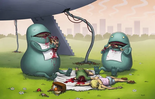 Picture people, figure, UFO, food, monsters, picnic, aliens, corpses