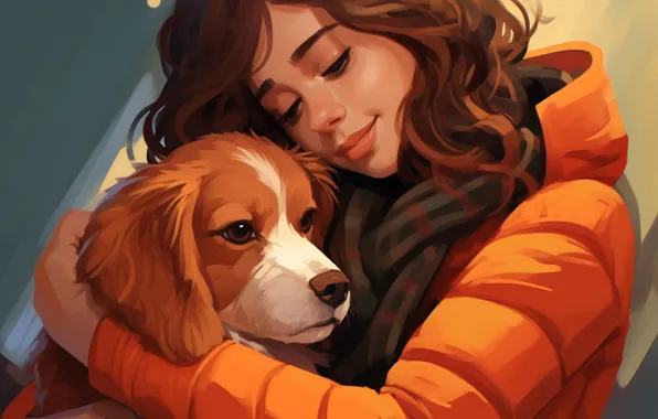 Girl, Dog, Love, Smile, Two, Digital art, AI art, The Art of Artificial Intelligence