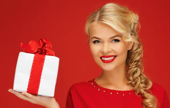 Girl, red, smile, background, box, gift, blonde