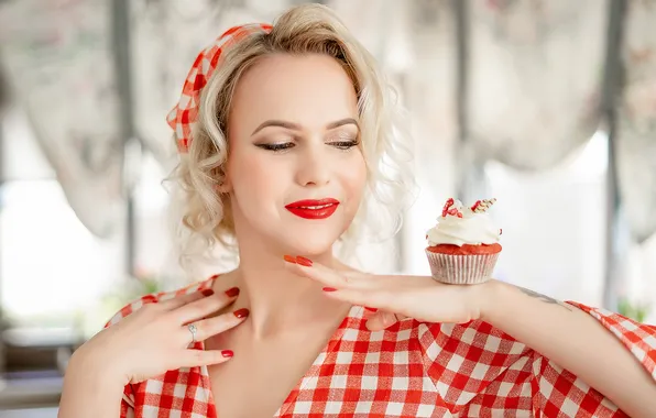Girl, blonde, cupcake, red lipstick, The red shirt