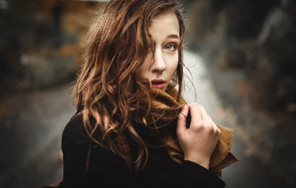 Picture look, girl, portrait, makeup, scarf, hairstyle, brown hair, coat