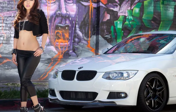 Picture girl, graffiti, Girls, BMW, white car