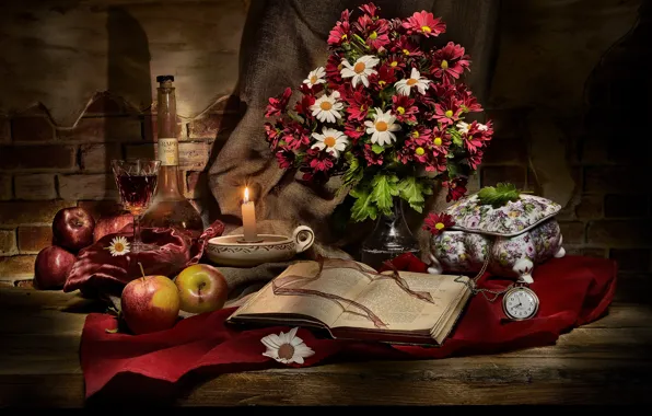 Picture flowers, the dark background, wine, apples, Board, watch, glass, bottle
