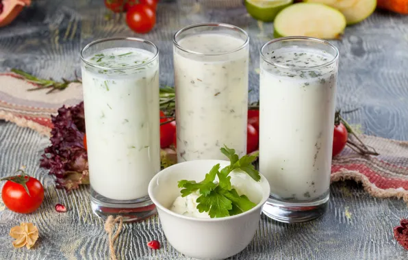 Picture yogurt, lemon, greens, vegetables, tomatoes, glass