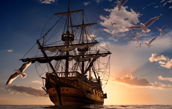 Sea, the sky, seagulls, sailboat, fantasy