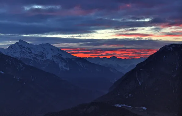 Picture winter, the sky, clouds, snow, mountains, nature, rocks, dawn