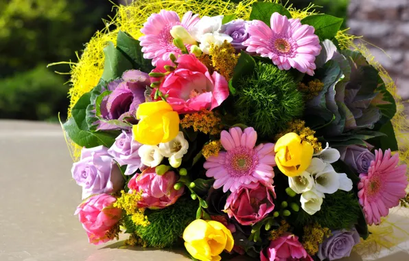 Flowers, bouquet, tulips, Roses, gerbera, freesia