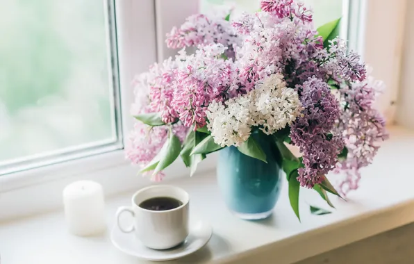 Glass, light, flowers, branches, tea, candle, bouquet, spring