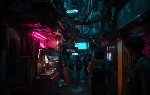 Night, the city, neon, dark, lane, cyberpunk, neon, cyberpunk
