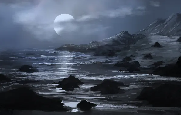 Picture sea, clouds, mountains, stones, rocks, art, the full moon, painted landscape