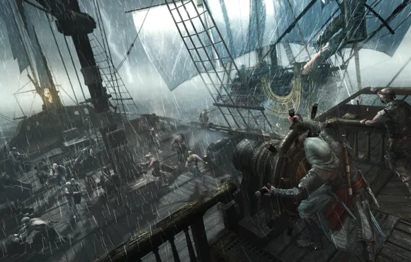 Picture storm, rain, ship, pirates, killer, assassin, Edward Kenway, Assassin's Creed IV: Black Flag