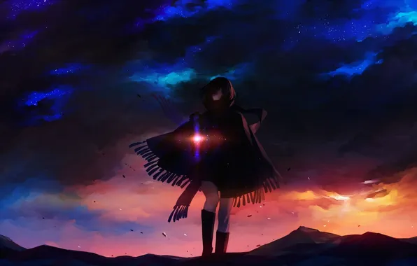 Picture the sky, girl, stars, clouds, light, sunset, anime, scarf