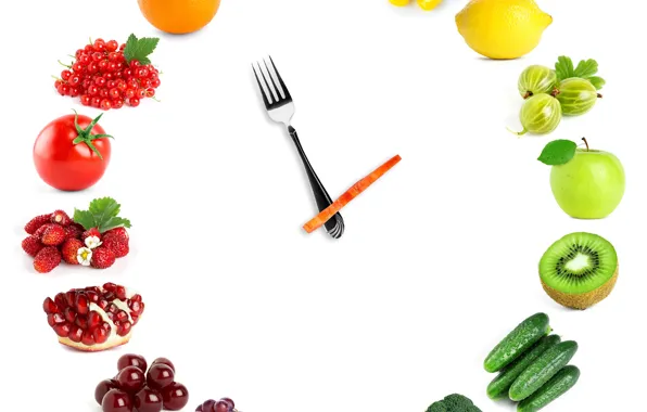 Lemon, watch, Apple, kiwi, strawberries, grapes, fruit, vegetables