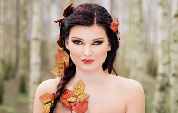 Look, leaves, face, background, model, hair, makeup, braid
