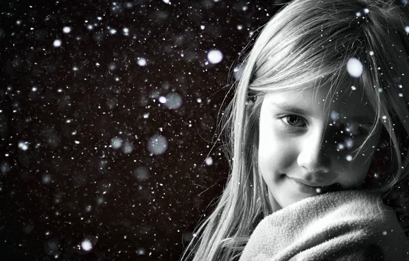 Snow, smile, Girl, black and white