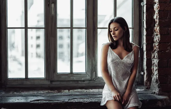 Chest, girl, view, figure, window, sill, brown hair, Olga