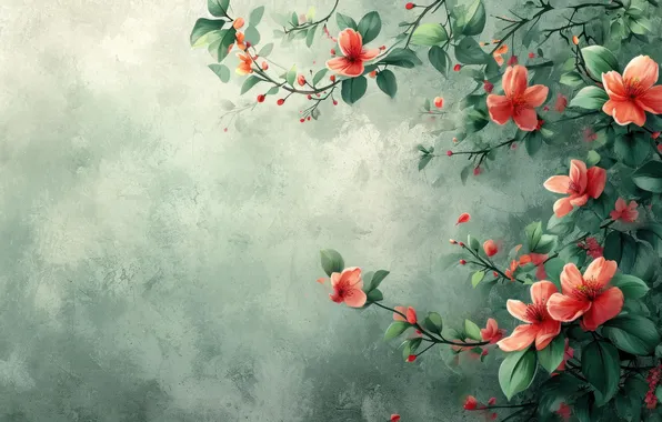 Leaves, flowers, frame, watercolor, red, composition, imitation painting, AI art