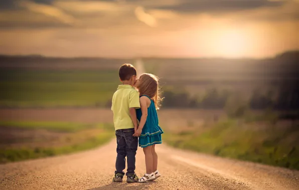 Road, children, kiss, boy, space, girl