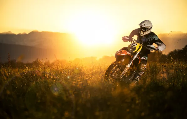 Field, sunset, sport, motorcycle
