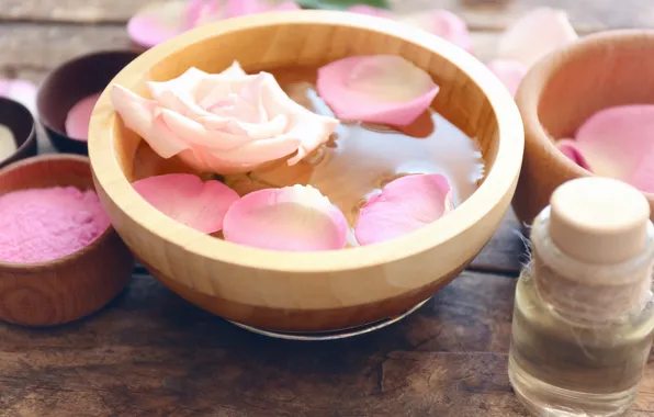 Picture water, petals, rose, wood, pink, petals, pink roses, salt