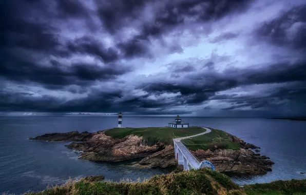 Picture clouds, coast, lighthouse, Spain