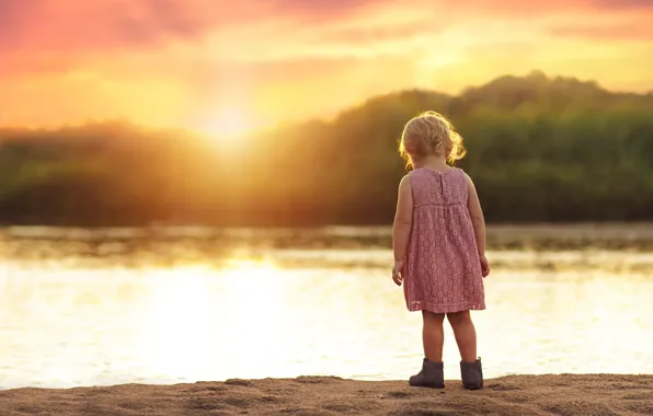 Picture sand, summer, the sun, sunset, river, dress, girl, child