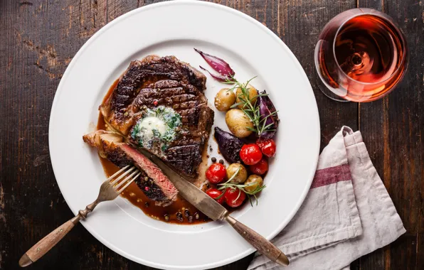 Wine, meat, vegetables, potatoes, steak