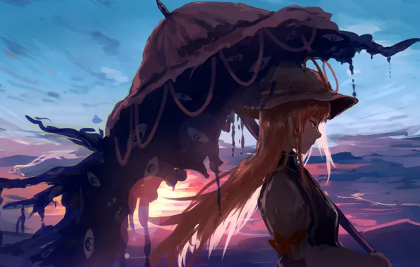Picture girl, long hair, sunset, umbrella, anime, artwork, Touhou, symbols