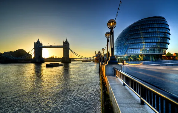 Picture sunrise, England, London, morning, morning, Sunrise, Tower Bridge, London, England, Thames, River, city hall