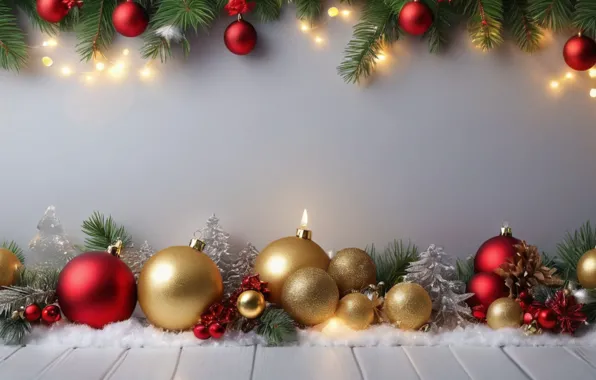 Picture decoration, balls, New Year, Christmas, red, golden, new year, happy