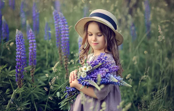 Field, summer, flowers, nature, bouquet, dress, girl, hat