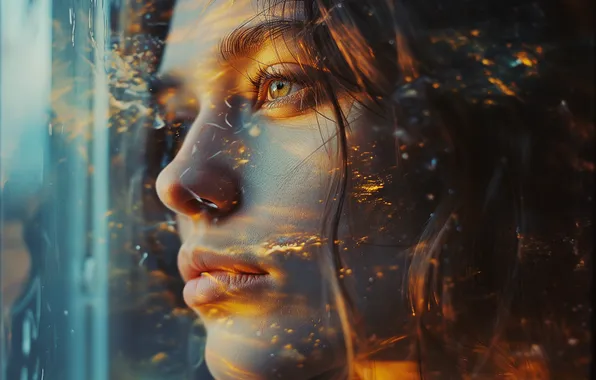 Look, girl, light, glare, portrait, window, looking out the window, AI art