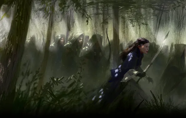Picture forest, girl, sword, bow, art, elves, hood, cloak