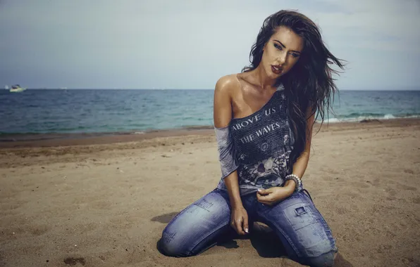 Beach, summer, girl, jeans, brunette