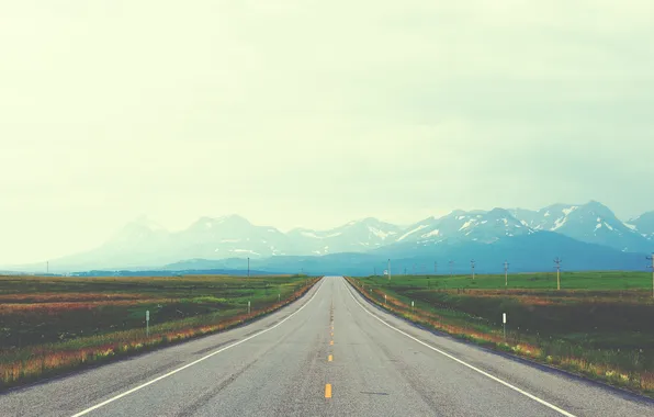 Road, the sky, grass, mountains, horizon
