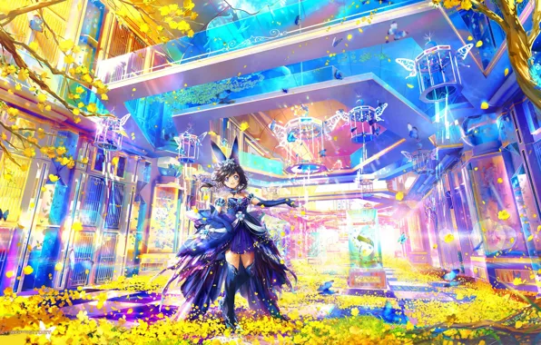Girl, flowers, anime, fantasy, bright, ears