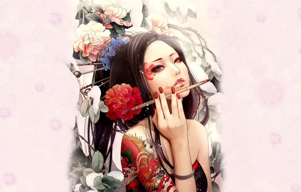 Picture look, girl, flowers, background, geisha