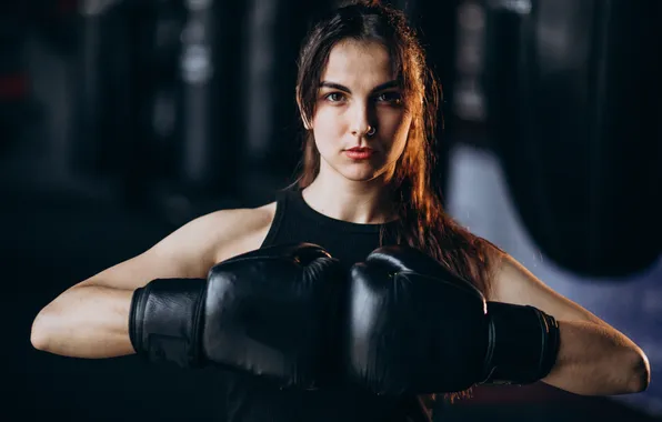 Look, girl, pose, hands, Mike, Boxing, gloves, brown hair