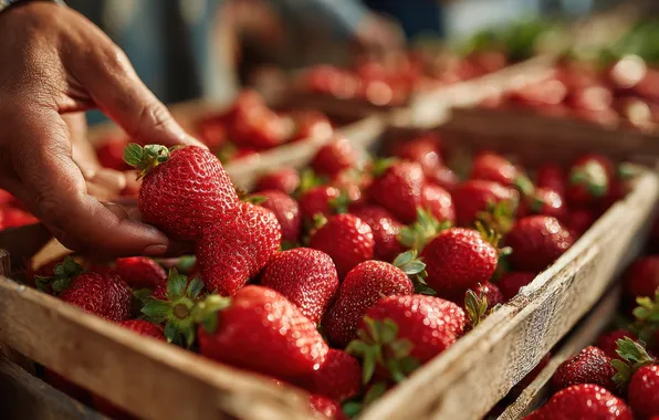 Summer, light, berries, hand, blur, harvest, strawberry, box