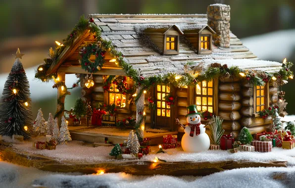 Winter, light, snow, house, toy, Windows, Christmas, New year