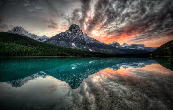 Sunset, mountains, lake, reflection, Canada