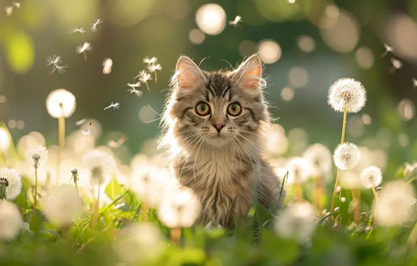 Cat, summer, grass, look, light, flowers, pose, kitty